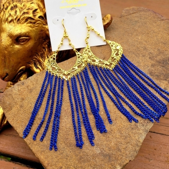 NWT Blue Sylvana Waterfall Chandelier Gold Drop Earrings - Picture 1 of 16